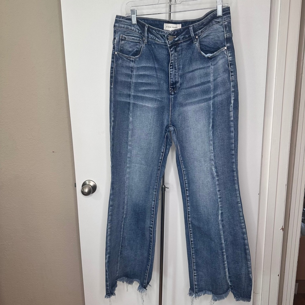 Risen Jeans Womens 1XL Wide Leg Front Seam Raw Hem Denim Blue NWT